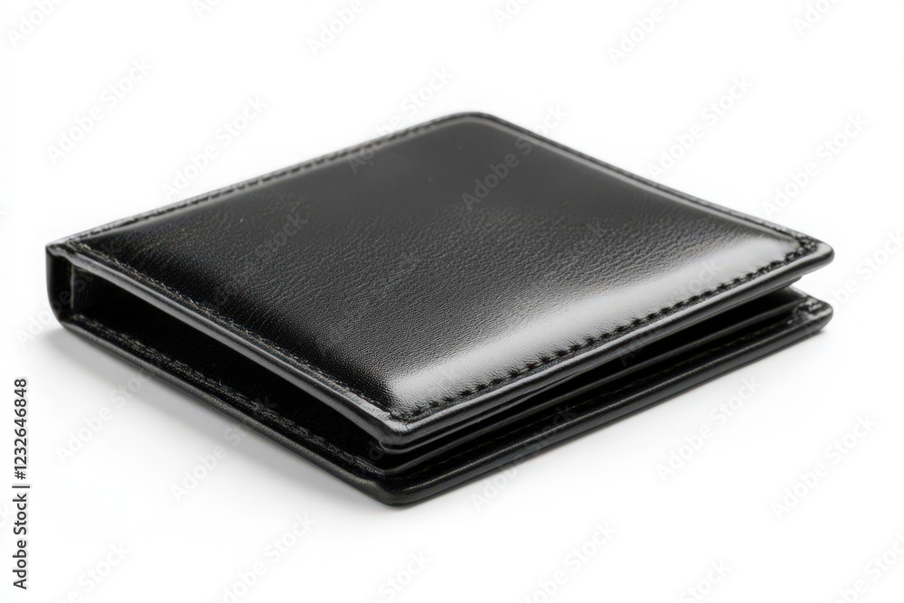 A simple black leather wallet lying closed on a clean white background A simple black leather wallet lying closed on a clean white background