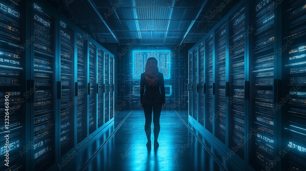 Fototapeta premium A cybersecurity professional, dressed in a modern dark outfit, standing in a dimly lit data center surrounded by glowing blue server racks. A holographic interface displays encrypted codes and securit