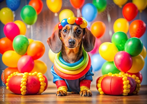 Playful Dachshund Puppy Hot Dog Vendor Birthday Party with Balloons and Animal Balloons - Long Exposure Stock Photo photo