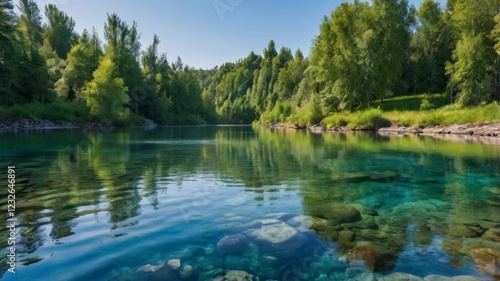 Crystal Clear River Landscape with Lush Green Trees