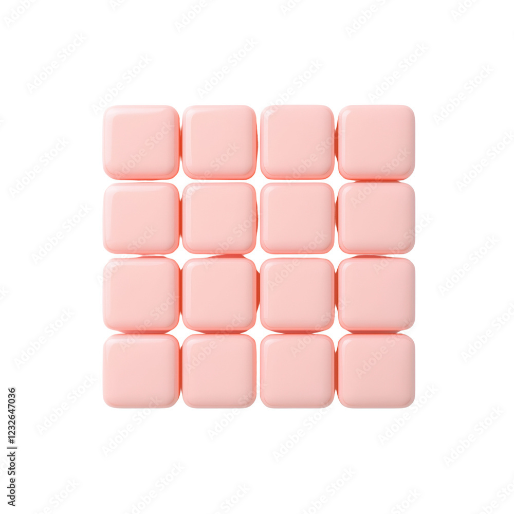 A grid of soft pink square blocks arranged in a 4x4 formation, exhibiting a smooth and glossy texture. A grid of soft pink square blocks arranged in a 4x4 formation, exhibiting a smooth and glossy texture.