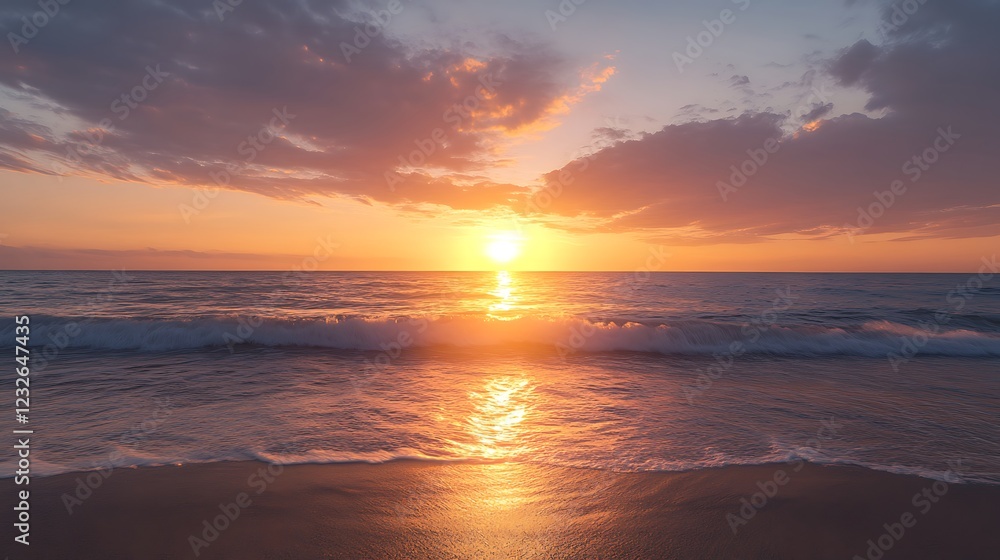 Serene sunset over the ocean with waves gently lapping at the shore. Serene sunset over the ocean with waves gently lapping at the shore.