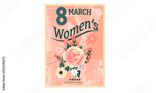 card with the inscription The text '8 March' and 'International Women's Day' is prominently displayed, embodying the femininity and classic beauty of the 1950s aesthetic.