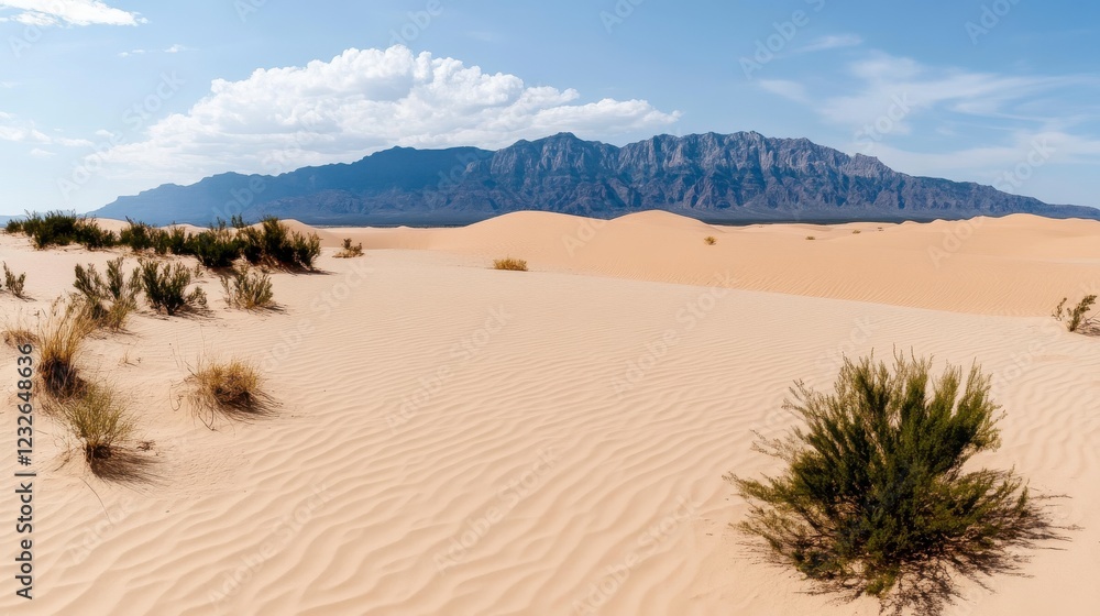 Expansive Desert Landscape with Sand Dunes and Mountain Range Expansive Desert Landscape with Sand Dunes and Mountain Range