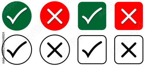 Check mark icon button set. Check box icon with right and wrong buttons and yes or no checkmark icons in green tick box and red cross.