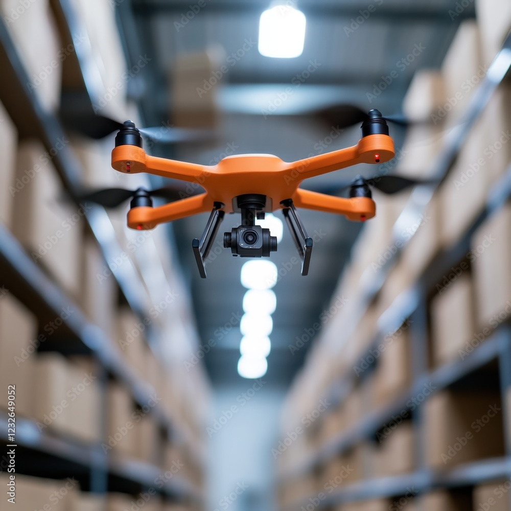 Bright Orange Drone Flying in Warehouse with Shelves and Boxes Bright Orange Drone Flying in Warehouse with Shelves and Boxes