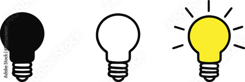 A set of light bulb icon on white background. Idea symbol. Electric lamp, light, innovation, solution, creative thinking, electricity. Outline, flat and colored
