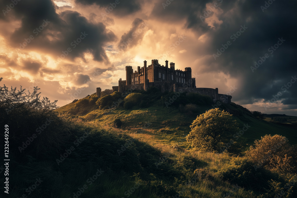 Fototapeta premium Historic castle stands majestically on a hillside beneath dramatic skies at sunset