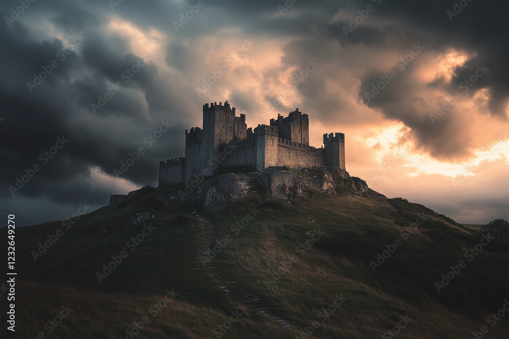 Obraz premium Historic castle stands majestically on a hill under dramatic stormy sky at dusk
