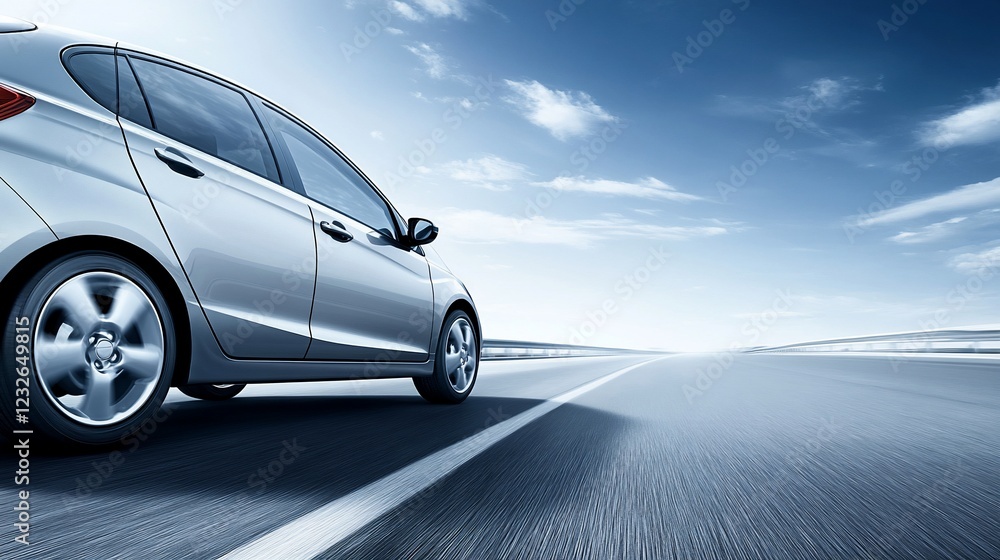 Silver sedan speeding highway, sunny sky, motion blur, travel advertisement Silver sedan speeding highway, sunny sky, motion blur, travel advertisement