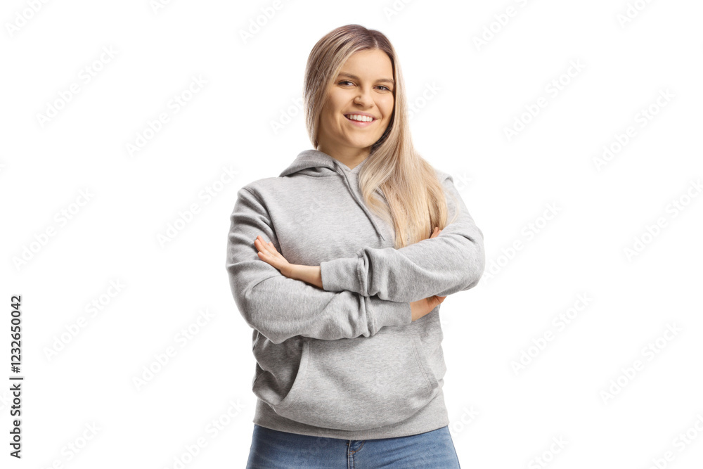 Young female wearing a hoodie and jeans and posing with crossed arms Young female wearing a hoodie and jeans and posing with crossed arms