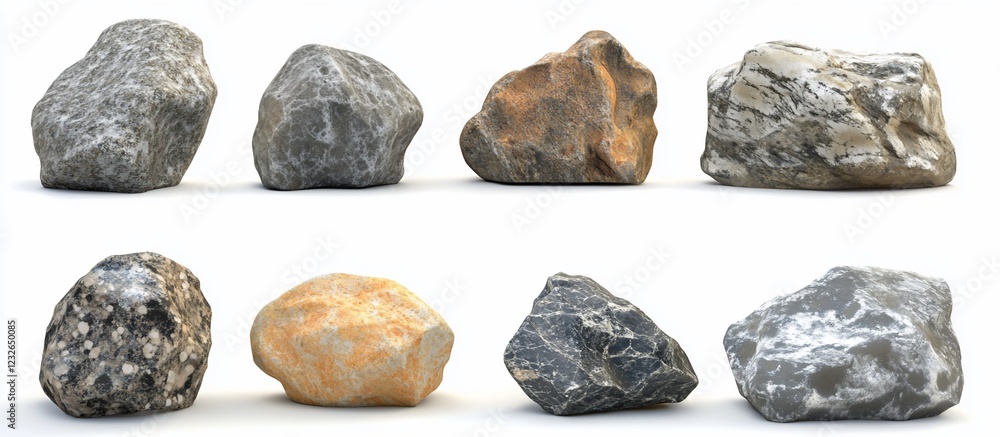 Eight assorted rocks studio shot, white background, 3D render, game asset Eight assorted rocks studio shot, white background, 3D render, game asset