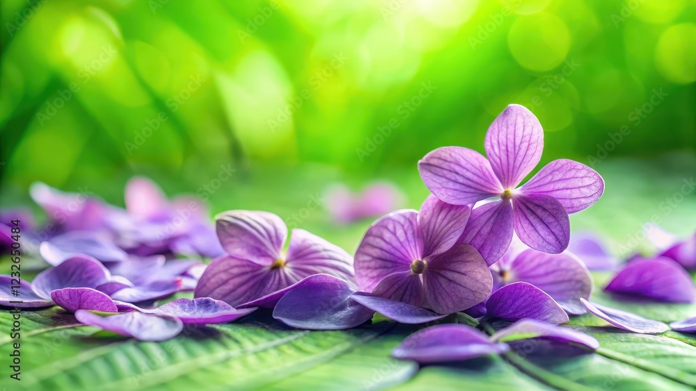 Obraz premium Delicate purple flower petals scattered on a soft green leaf background, with a few stems in the foreground, botanical