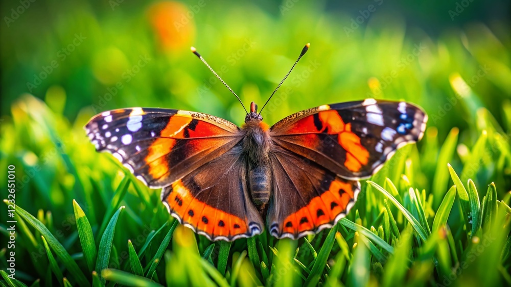 Red Admiral Butterfly on Grass - Miniature Tilt-Shift Photo Red Admiral Butterfly on Grass - Miniature Tilt-Shift Photo