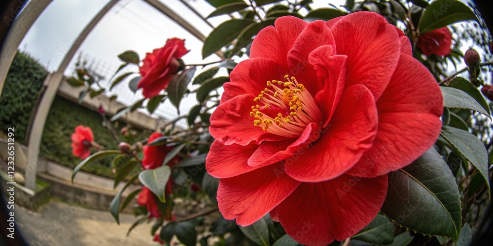 Red Camellia Japonica Flower, Fisheye Close-up, Vibrant Bloom, Botanical Photography Red Camellia Japonica Flower, Fisheye Close-up, Vibrant Bloom, Botanical Photography