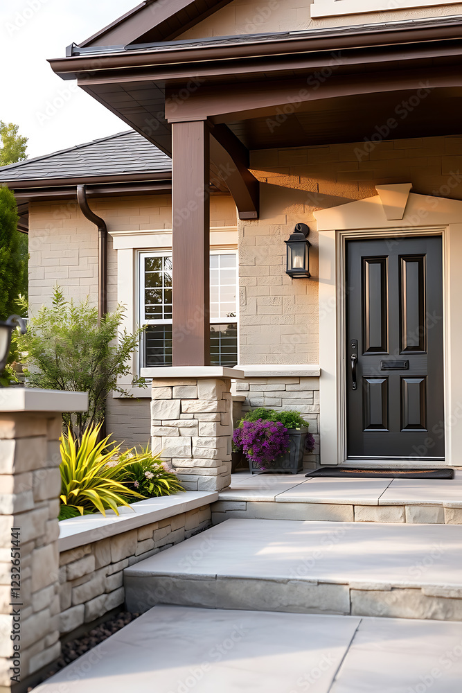 Obraz premium Modern House Exterior: Stone and Brick Facade with Landscaped Entrance