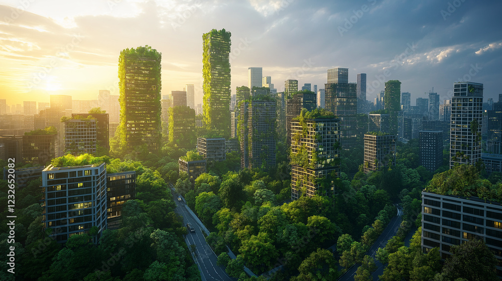 Fototapeta premium A futuristic green city skyline with vertical gardens, solar-powered skyscrapers, and autonomous electric vehicles gliding on eco-friendly roads. Bright and optimistic lighting showcases a sustainable