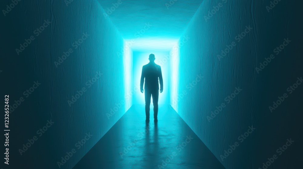 Mysterious Figure in Dark Corridor with Glowing Blue Light Mysterious Figure in Dark Corridor with Glowing Blue Light