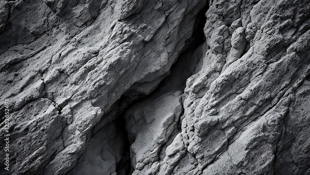 Black white rock texture. Cracked layered mountain surface. Close-up. Gray grungy stone background with space for design.