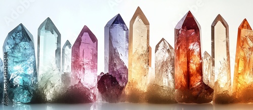 Colorful crystals arranged on white background; spiritual, wellness, or metaphysical use photo