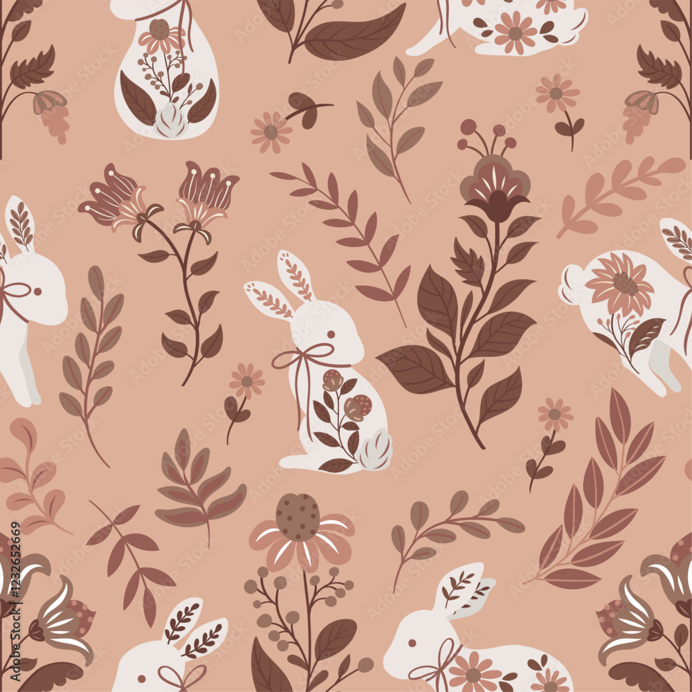 custom made wallpaper toronto digitalSeamless vector pattern with Easter bunnies and folk-style flowers in a modern design. Trendy 2025 colors, perfect for textiles, wallpapers, gift wrapping, packaging, and festive decorations