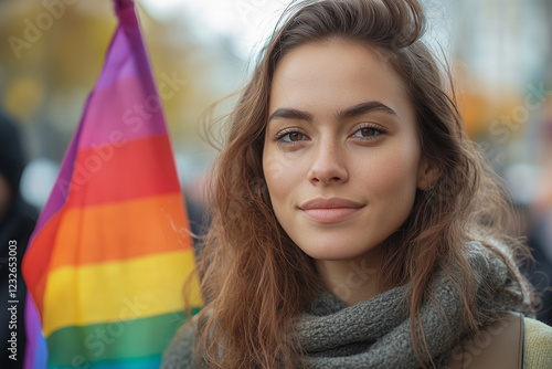 LGBT girl parade on rainbow flag background photo