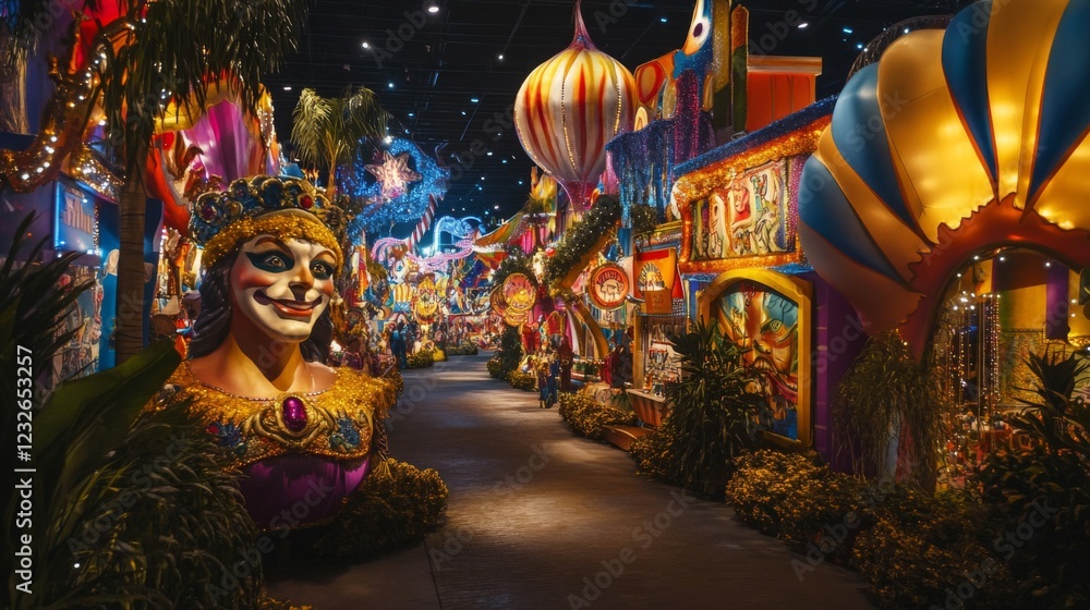 Fototapeta premium Night Carnival Festive Street Parade with Illuminated Decor and Colorful Sculptures