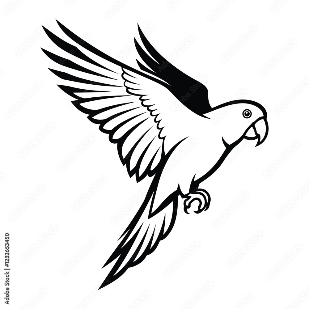 Obraz premium Cute fly Parrot bird silhouette vector illustration graphic, black and white vector.