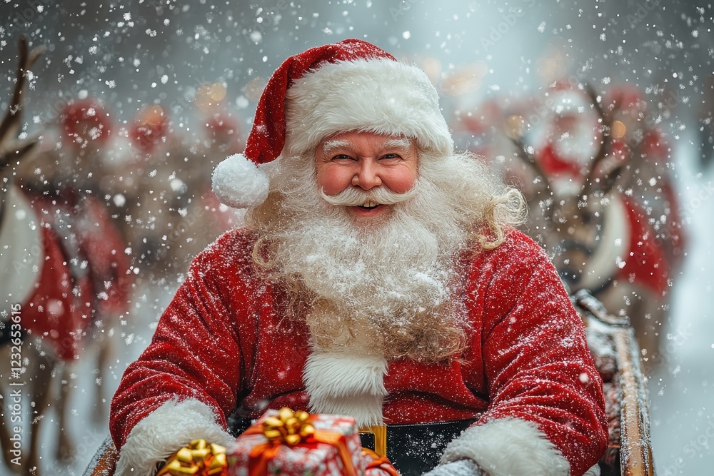 Santa Claus smiles while riding in a sleigh pulled by reindeer during a snow-filled winter celebration Santa Claus smiles while riding in a sleigh pulled by reindeer during a snow-filled winter celebration