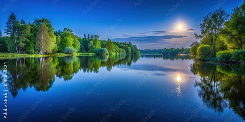 Serene lake water reflected in the moonlight on a warm summer evening with few trees surrounding it , peaceful lake, tranquil atmosphere Serene lake water reflected in the moonlight on a warm summer evening with few trees surrounding it , peaceful lake, tranquil atmosphere