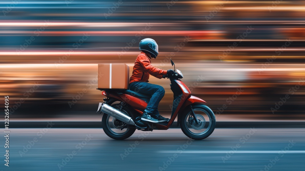 Fototapeta premium Delivery Rider on Scooter in Motion with Blurred City Background