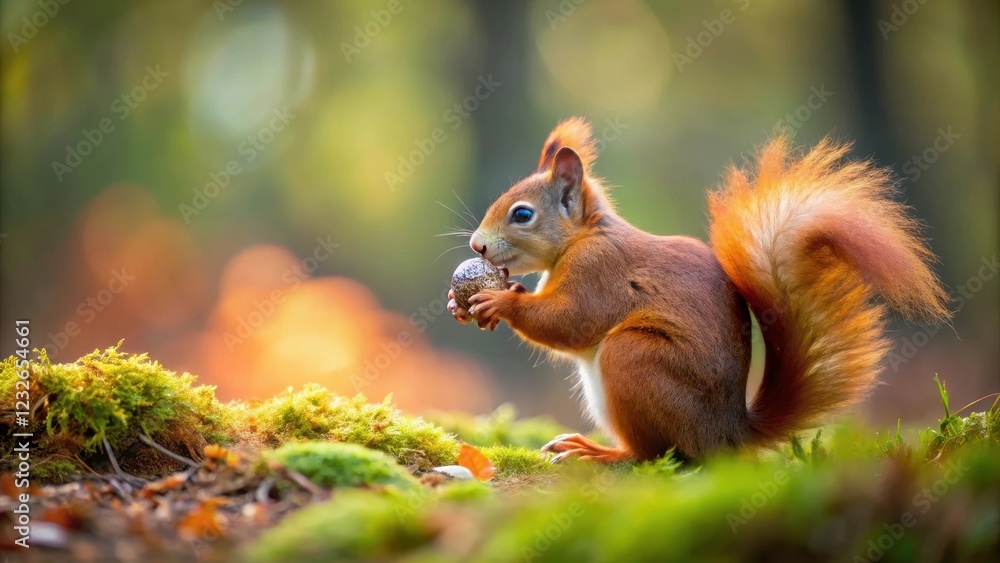 Tiny red squirrel holding acorn close-up on forest floor , wildlife, tree Tiny red squirrel holding acorn close-up on forest floor , wildlife, tree