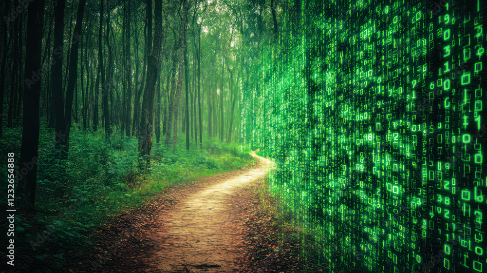 Naklejka premium Path in natural and digital forest, convergence of nature and technology
