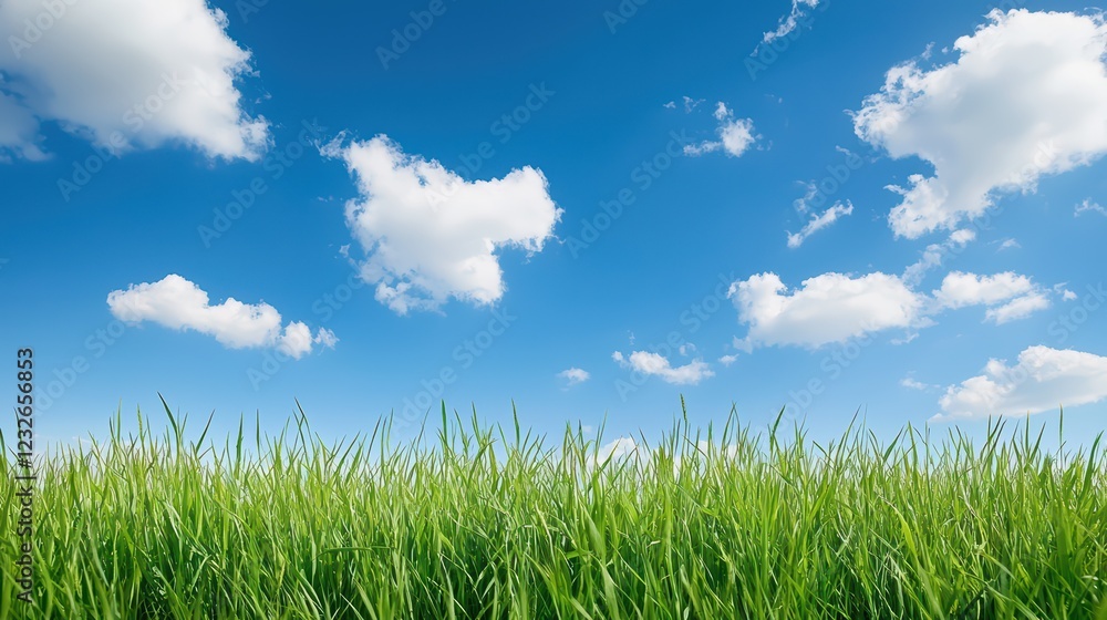 Lush Green Grass Under Bright Blue Sky with Fluffy White Clouds
