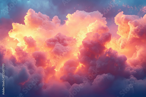 Vibrant sunset cloudscape, glowing with warm hues and ethereal light, a breathtaking celestial spectacle. photo