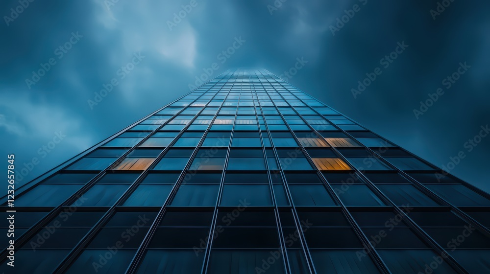 Tall Glass Building Under Dark Clouds with Illuminated Windows Tall Glass Building Under Dark Clouds with Illuminated Windows