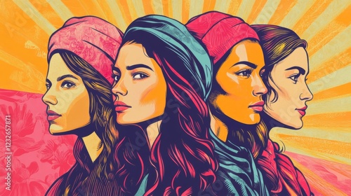 Four Women in Profile: Vibrant Retro Portrait Illustration photo