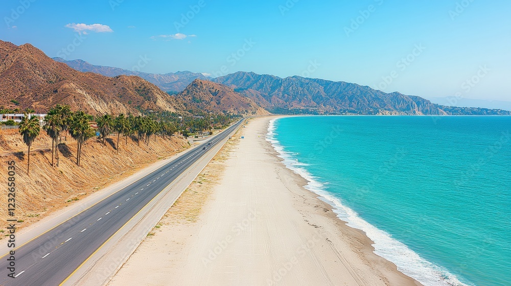 Expansive sandy beach with gentle waves and clear blue sky in a tranquil coastal setting Expansive sandy beach with gentle waves and clear blue sky in a tranquil coastal setting
