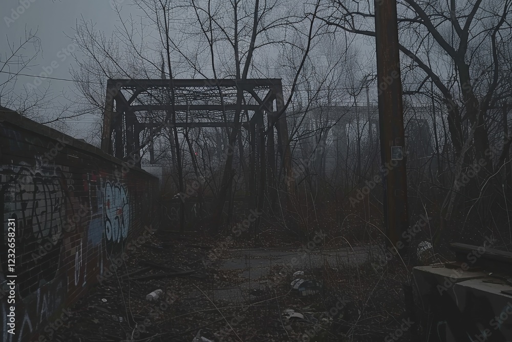 A desolate scene featuring a rusty bridge surrounded by overgrown vegetation and a foggy atmosphere, evoking a sense of abandonment and mystery. A desolate scene featuring a rusty bridge surrounded by overgrown vegetation and a foggy atmosphere, evoking a sense of abandonment and mystery.