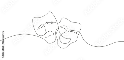 Minimalistic continuous line drawing of theater masks representing comedy and tragedy.