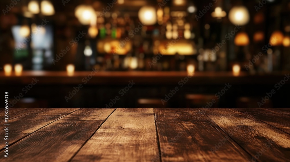 A close-up view of a rustic wooden tabletop with a blurred background of a dimly lit bar interior. A close-up view of a rustic wooden tabletop with a blurred background of a dimly lit bar interior.