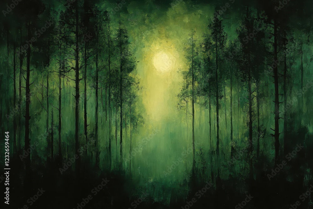 Naklejka premium Mysterious forest landscape illuminated by soft sunlight in a peaceful green setting