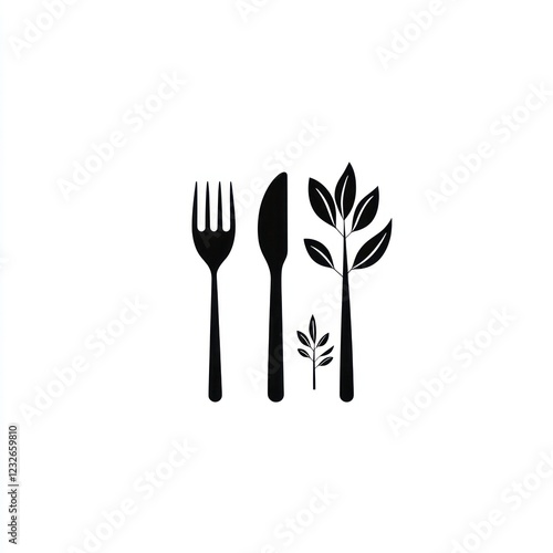 Simple black and white cutlery and leaves graphic design photo