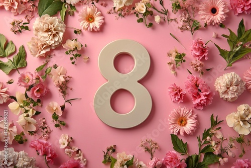 Floral Number 8 on Pink Background. Floral design with number 8 on pink background, ideal for spring events or feminine themes.