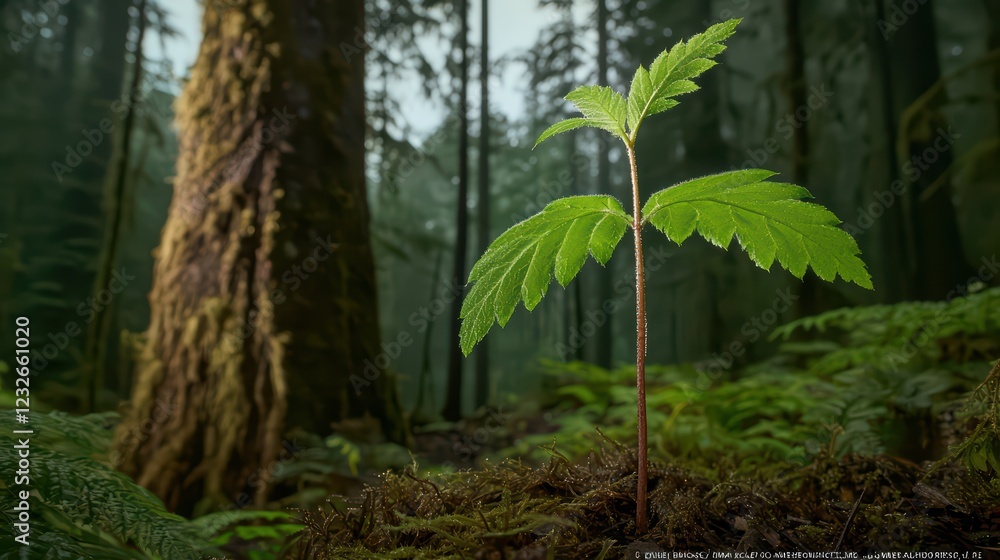 Fototapeta premium Young Green Plant Growing in Lush Forest Setting Surrounded by Trees