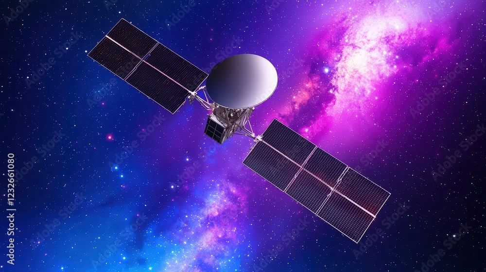 Satellite in Space with Colorful Cosmic Background and Stars Satellite in Space with Colorful Cosmic Background and Stars