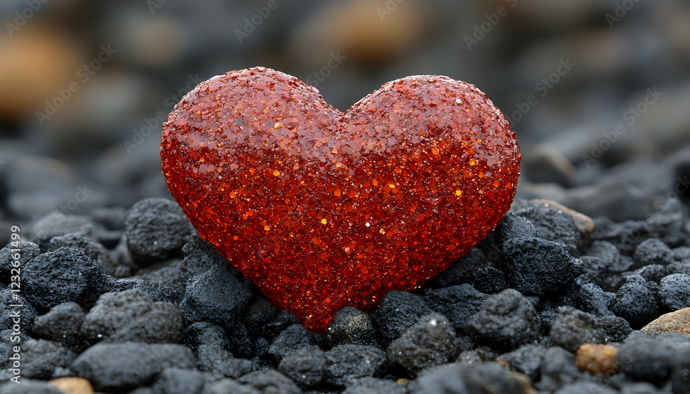Obraz premium Photo - Glittering Red Heart on Dark Rocks Love Romance Valentine's Day Affection Passion Symbolism