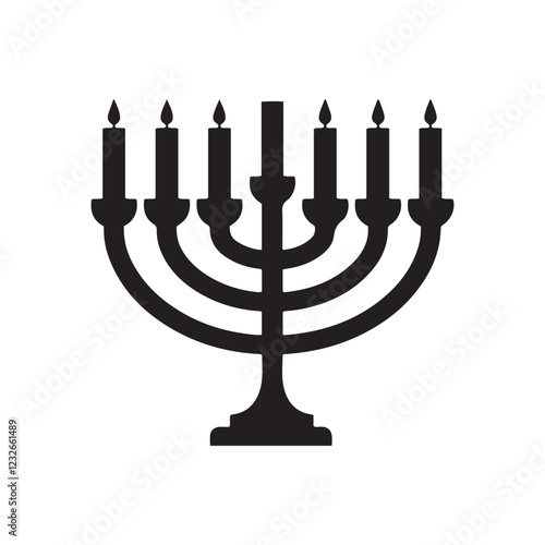 Menorah silhouette, Jewish candelabra, nine branches, Hanukkah symbol, black and white