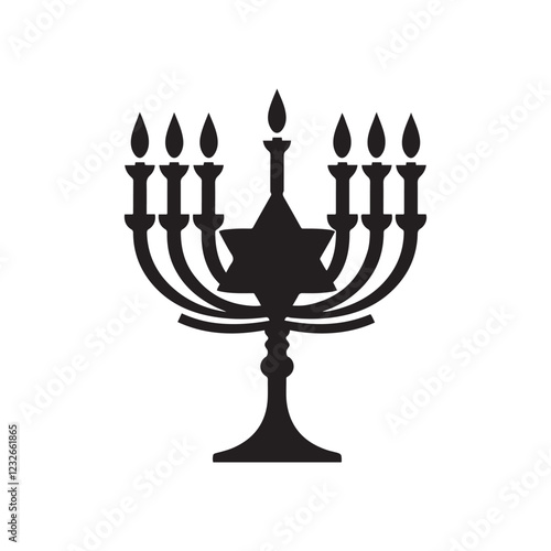 Menorah silhouette, Jewish candelabra, nine branches, Hanukkah symbol, black and white