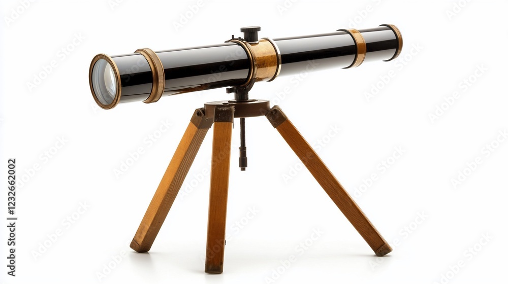 Antique Telescope on Tripod, White Background, Exploration, Education Antique Telescope on Tripod, White Background, Exploration, Education